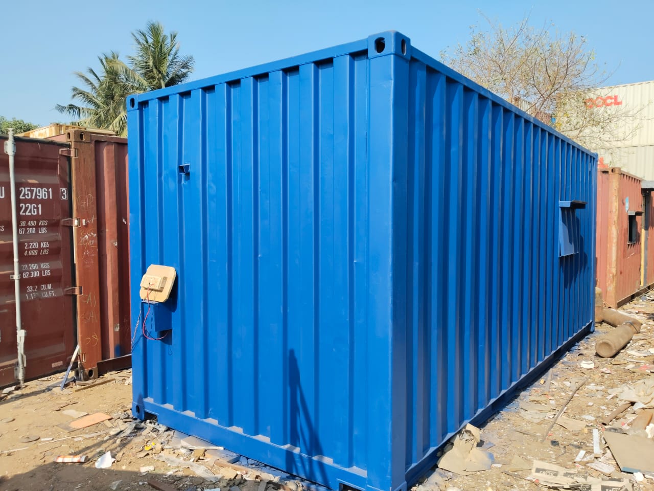 Container home exterior at sunset